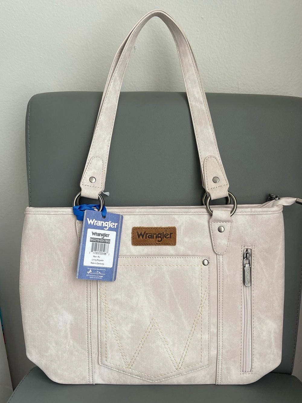 Wrangler "W" Stitch Montana West Denim Pocket Zippered Tote Bag Beige/White